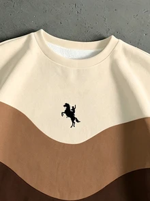 StoneGrade Maillard 色塊波浪拼接時尚休閒印花男士標準尺寸短版寬鬆圓領棕色運動衫 - 棕色 - 查看 2