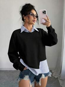 EMERY ROSE Plus Size Arrival Fashionable Casual Striped Patchwork Turndown Collar Sweatshirt, Versatile Daily & Holiday Wear For Women In Early Autumn - Multicolor - View 1