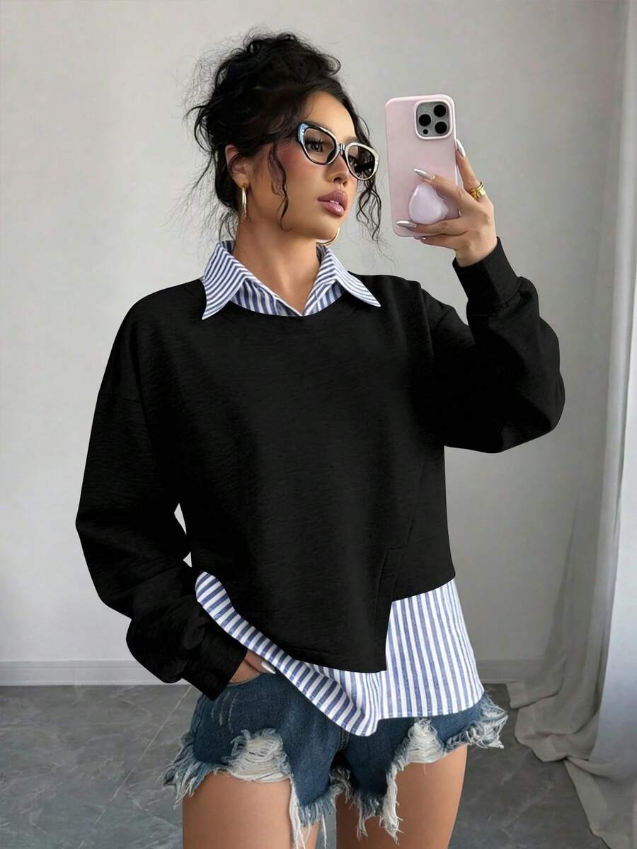 EMERY ROSE Plus Size Arrival Fashionable Casual Striped Patchwork Turndown Collar Sweatshirt, Versatile Daily & Holiday Wear For Women In Early Autumn - Multicolor - View 1