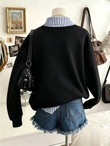 EMERY ROSE Plus Size Arrival Fashionable Casual Striped Patchwork Turndown Collar Sweatshirt, Versatile Daily & Holiday Wear For Women In Early Autumn - Multicolor - View 2
