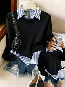 EMERY ROSE Plus Size Arrival Fashionable Casual Striped Patchwork Turndown Collar Sweatshirt, Versatile Daily & Holiday Wear For Women In Early Autumn - Multicolor - View 3