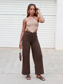 Yess Loren Women's Pocket Button Casual Versatile Daily Wear Wide Leg Jeans - Brown - View 1