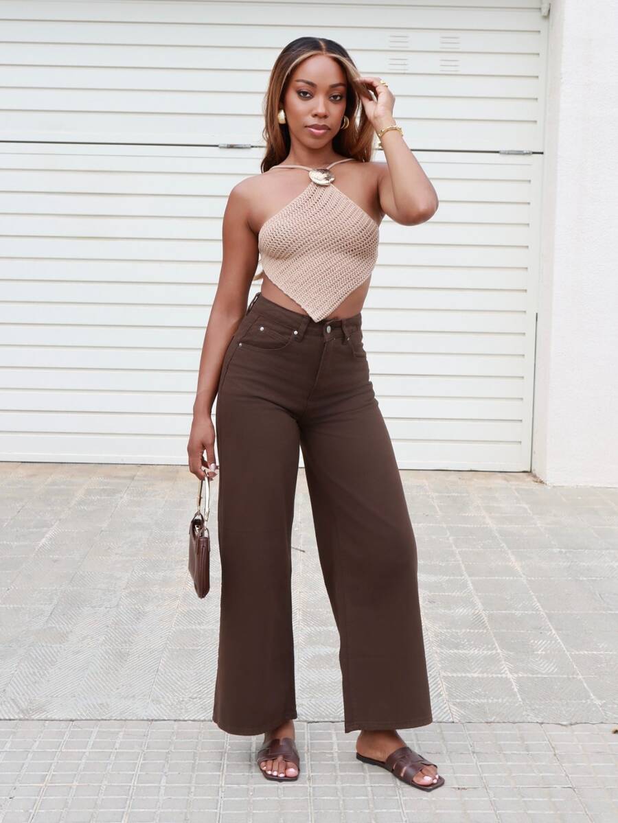 Yess Loren Women's Pocket Button Casual Versatile Daily Wear Wide Leg Jeans - Brown - View 1