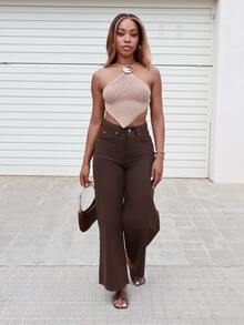 Yess Loren Women's Pocket Button Casual Versatile Daily Wear Wide Leg Jeans - Brown - View 6