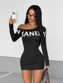StreetHx Women's Asymmetric Shoulder Letter Print Long Sleeve Short Dress - Black - View 8