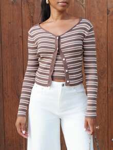Yess Loren Women's Contrast Stripe Fitted Camisole & Long Sleeve Cardigan Casual Vacation Knit 2 Pieces Set, Spring/Autumn - Brown - View 4