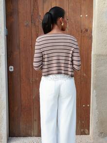 Yess Loren Women's Contrast Stripe Fitted Camisole & Long Sleeve Cardigan Casual Vacation Knit 2 Pieces Set, Spring/Autumn - Brown - View 6
