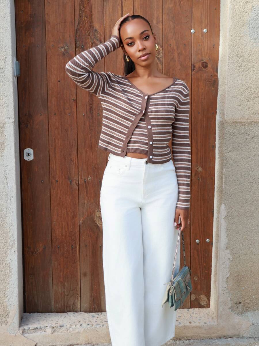 Yess Loren Women's Contrast Stripe Fitted Camisole & Long Sleeve Cardigan Casual Vacation Knit 2 Pieces Set, Spring/Autumn - Brown - View 1