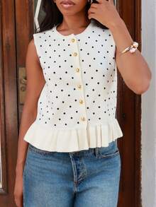Yess Loren Women's Polka Dot Pattern Single-Breasted Ruffled Hem Knit Vest - Black and White - View 5