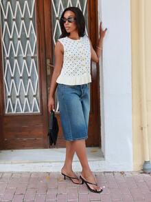 Yess Loren Women's Polka Dot Pattern Single-Breasted Ruffled Hem Knit Vest - Black and White - View 3