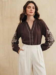 Anewsta Women's Elegant Embroidered Design Applique Trim Placket Long Sleeve V-Neck Blouse - Brown - View 3