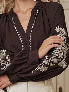 Anewsta Women's Elegant Embroidered Design Applique Trim Placket Long Sleeve V-Neck Blouse - Brown - View 2
