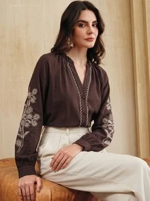 Anewsta Women's Elegant Embroidered Design Applique Trim Placket Long Sleeve V-Neck Blouse - Brown - View 1