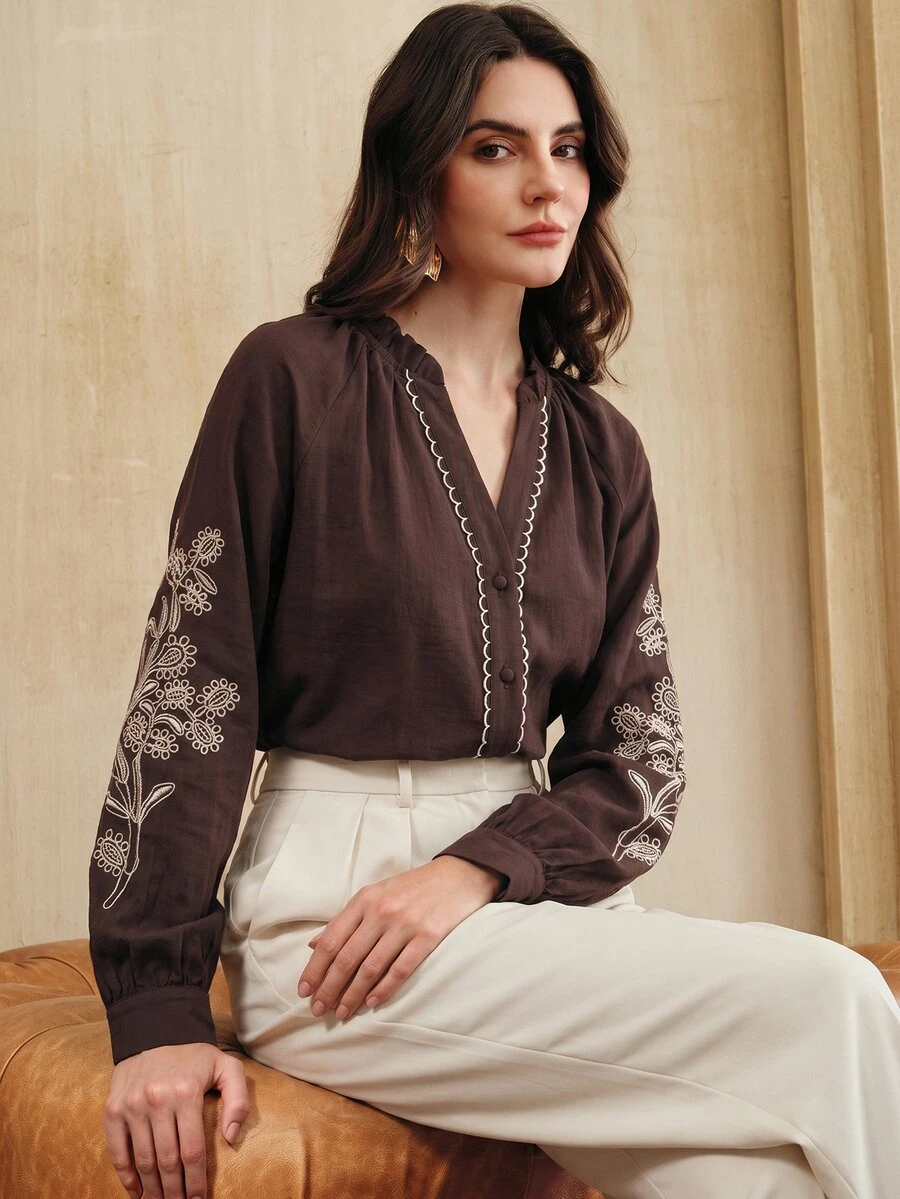 Anewsta Women's Elegant Embroidered Design Applique Trim Placket Long Sleeve V-Neck Blouse - Brown - View 1