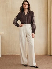 Anewsta Women's Elegant Embroidered Design Applique Trim Placket Long Sleeve V-Neck Blouse - Brown - View 6