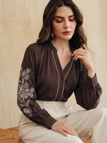 Anewsta Women's Elegant Embroidered Design Applique Trim Placket Long Sleeve V-Neck Blouse - Brown - View 4