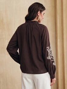 Anewsta Women's Elegant Embroidered Design Applique Trim Placket Long Sleeve V-Neck Blouse - Brown - View 7