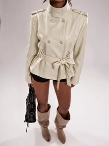 SHEIN BAE Mantel Trench Wanita Elegan Gaya Jalanan dengan Kancing, Kerah Tinggi, dan Lengan Panjang - Aprikot - View 7