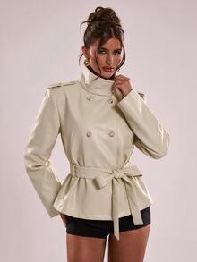 SHEIN BAE Mantel Trench Wanita Elegan Gaya Jalanan dengan Kancing, Kerah Tinggi, dan Lengan Panjang - Aprikot - View 4