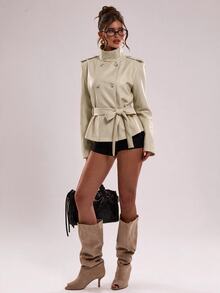 SHEIN BAE Mantel Trench Wanita Elegan Gaya Jalanan dengan Kancing, Kerah Tinggi, dan Lengan Panjang - Aprikot - View 6