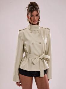 SHEIN BAE Mantel Trench Wanita Elegan Gaya Jalanan dengan Kancing, Kerah Tinggi, dan Lengan Panjang - Aprikot - View 3