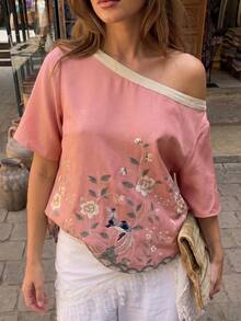SHEIN Holidaya Women's Sweet Floral Print Asymmetrical Shoulder Colorblock Top For Vacation - Multicolor - View 3