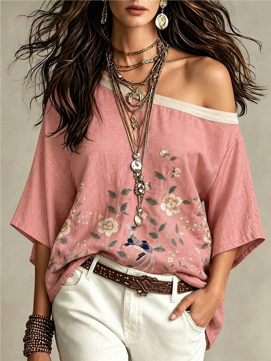 SHEIN Holidaya Women's Sweet Floral Print Asymmetrical Shoulder Colorblock Top For Vacation - Multicolor - View 1