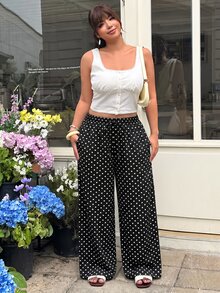 GalTyme 波點大尺碼女款繫帶寬腿休閒長褲，適合日常通勤、約會、聚會、海灘、畢業典禮、時尚、優雅、約會、約會、亮面、情人節、優雅、度假、Y2K、畢業典禮、夏威夷度假、海灘、晚餐、女款夏季下裝 - 黑與白 - 查看 4