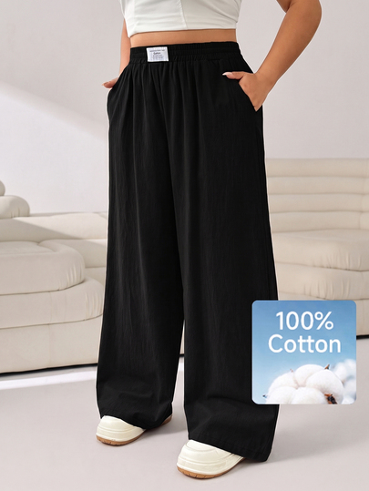 Solflare New Plus Size Casual Black Simple Versatile Pants, 100% Cotton Wide Leg Pants, Women Pants Wide Leg
