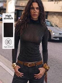 Maija 休閒商務性感基本款節慶網紗上衣 秋季現代都市通勤層搭長袖外套 萬聖節夜生活外出夜店黑色 - 黑色 - 查看 2