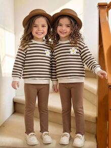 SHEIN Kids Young Girl Striped Crew Neck Sweatshirt And Pants Casual Cute Daily Outfit Set - Multicolor - View 3