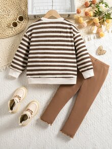 SHEIN Kids Young Girl Striped Crew Neck Sweatshirt And Pants Casual Cute Daily Outfit Set - Multicolor - View 6