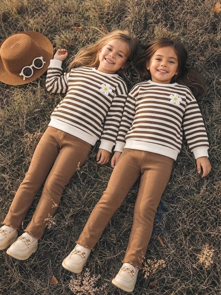 SHEIN Kids Young Girl Striped Crew Neck Sweatshirt And Pants Casual Cute Daily Outfit Set - Multicolor - View 1