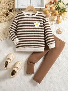 SHEIN Kids Young Girl Striped Crew Neck Sweatshirt And Pants Casual Cute Daily Outfit Set - Multicolor - View 5