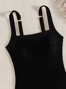 SHEIN Swim 2026春夏女款厚實可調肩帶純黑色拼接優雅修身連身比基尼泳衣，度假適用 - 黑色 - 查看 4