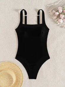 SHEIN Swim 2026春夏女款厚實可調肩帶純黑色拼接優雅修身連身比基尼泳衣，度假適用 - 黑色 - 查看 2