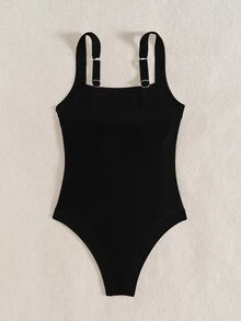 SHEIN Swim 2026春夏女款厚實可調肩帶純黑色拼接優雅修身連身比基尼泳衣，度假適用 - 黑色 - 查看 6