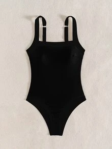 SHEIN Swim 2026春夏女款厚實可調肩帶純黑色拼接優雅修身連身比基尼泳衣，度假適用 - 黑色 - 查看 3