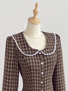 Elamini Women's Long Sleeve Patchwork Lace Trim Yarn-Dyed Plaid Dress - Brown - View 7