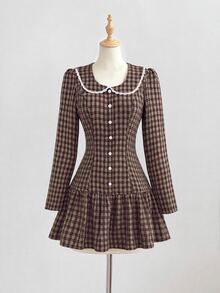 Elamini Women's Long Sleeve Patchwork Lace Trim Yarn-Dyed Plaid Dress - Brown - View 5