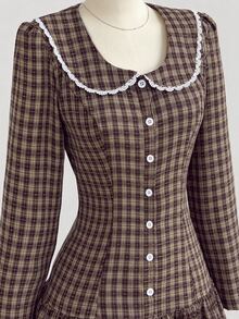 Elamini Women's Long Sleeve Patchwork Lace Trim Yarn-Dyed Plaid Dress - Brown - View 8