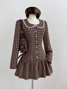 Elamini Women's Long Sleeve Patchwork Lace Trim Yarn-Dyed Plaid Dress - Brown - View 6