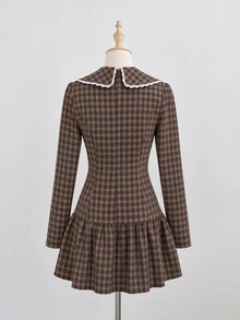 Elamini Women's Long Sleeve Patchwork Lace Trim Yarn-Dyed Plaid Dress - Brown - View 3