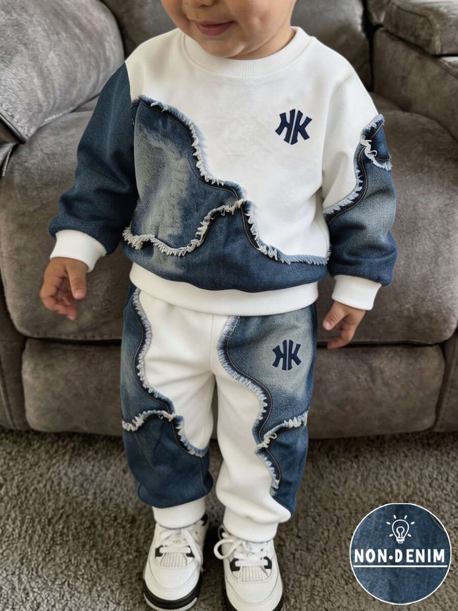 Boys Fall White Blue Color Block Letter Print Sweaters Set Long Sleeve Loose Streetwear Ribbed Cuffs Casual Tops Shirts Outfits - Multicolor - View 1