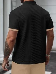Manfinity Homme 男士夏季休閒商務 Polo 衫，對比領設計，正式款 - 黑色 - 查看 2