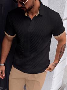 Manfinity Homme 男士夏季休閒商務 Polo 衫，對比領設計，正式款 - 黑色 - 查看 1
