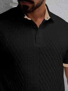 Manfinity Homme 男士夏季休閒商務 Polo 衫，對比領設計，正式款 - 黑色 - 查看 4