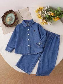 女童 2 件套 深藍色牛仔寬鬆長袖襯衫，馬騎手刺繡圖案配長褲，返校穿搭 - 藍色 - 查看 2