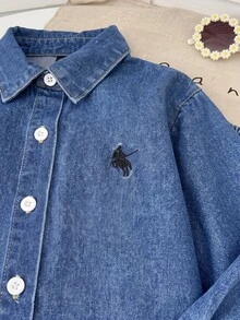 女童 2 件套 深藍色牛仔寬鬆長袖襯衫，馬騎手刺繡圖案配長褲，返校穿搭 - 藍色 - 查看 6
