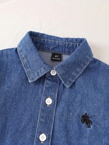 女童 2 件套 深藍色牛仔寬鬆長袖襯衫，馬騎手刺繡圖案配長褲，返校穿搭 - 藍色 - 查看 7